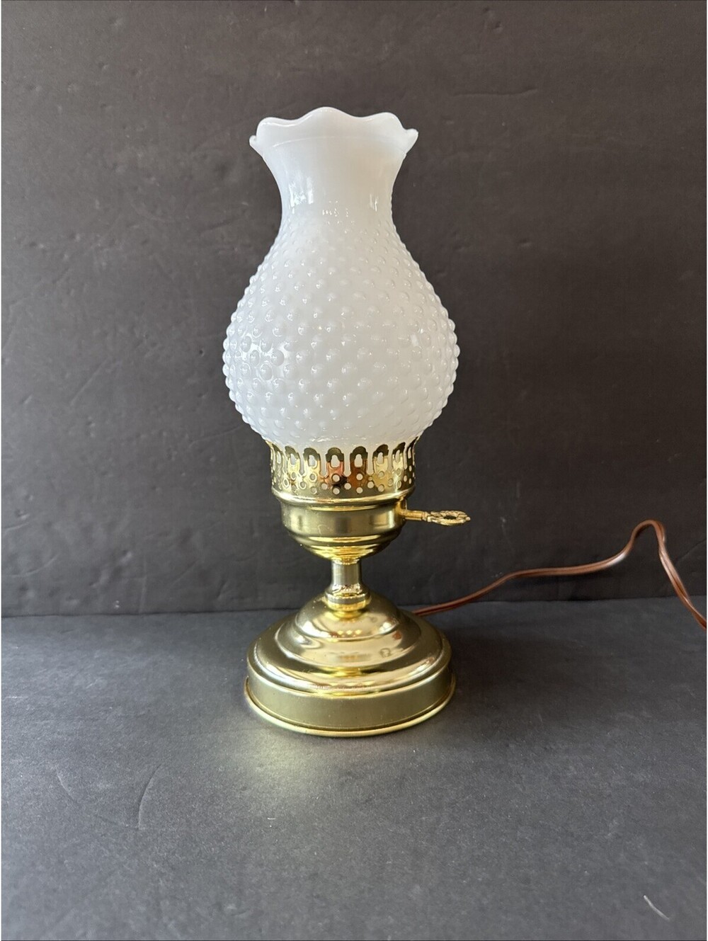 Vintage White Hobnail Milk Glass With Good Metal Base 11.5” H By 5” W